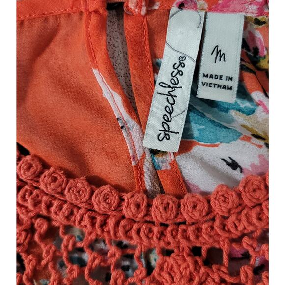 Speechless Orange Floral Print Babydoll Dress Medium Crochet Bodice Lightweight - Picture 4 of 6